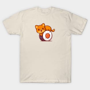 Cute Cat On Sushi Salmon Cartoon T-Shirt